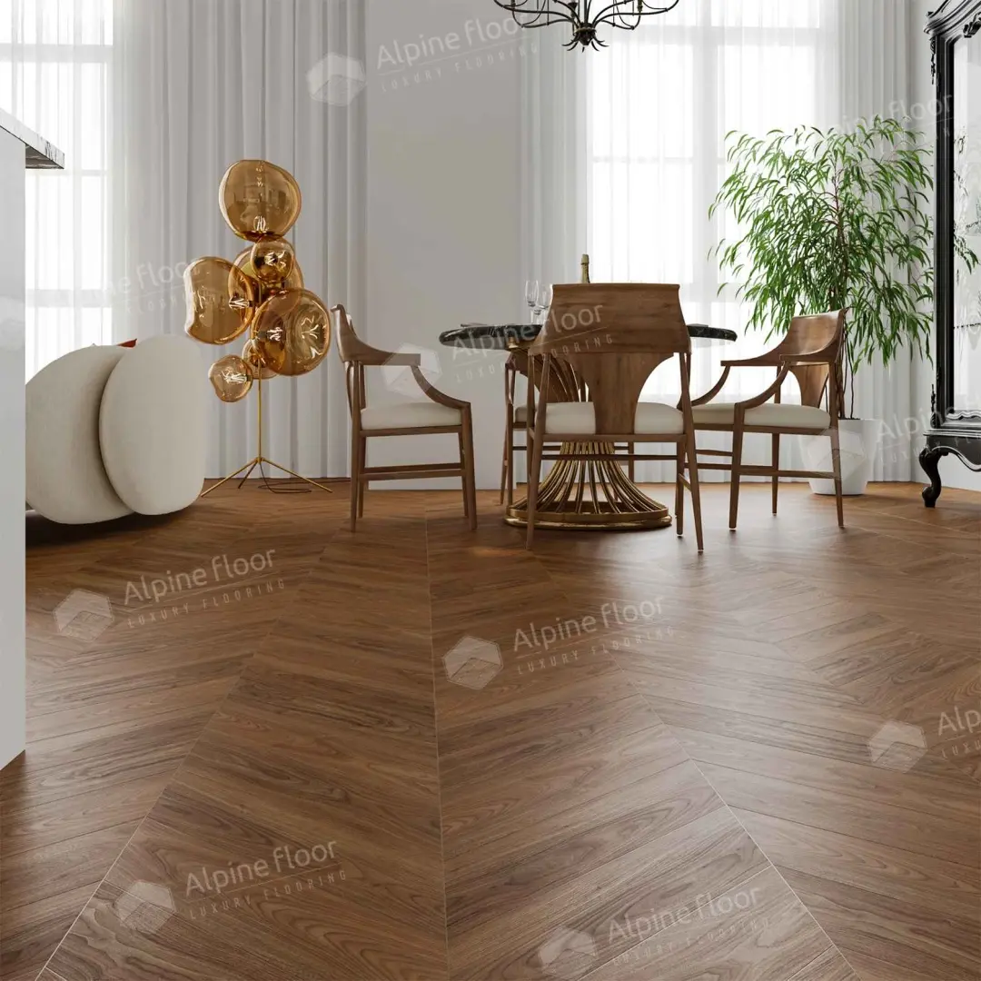 Кварцвиниловый SPC ламинат Alpine Floor Chevron Alpine Орех Нойер ECO 18-22 французская елка 600×127×5 фото в интерьере